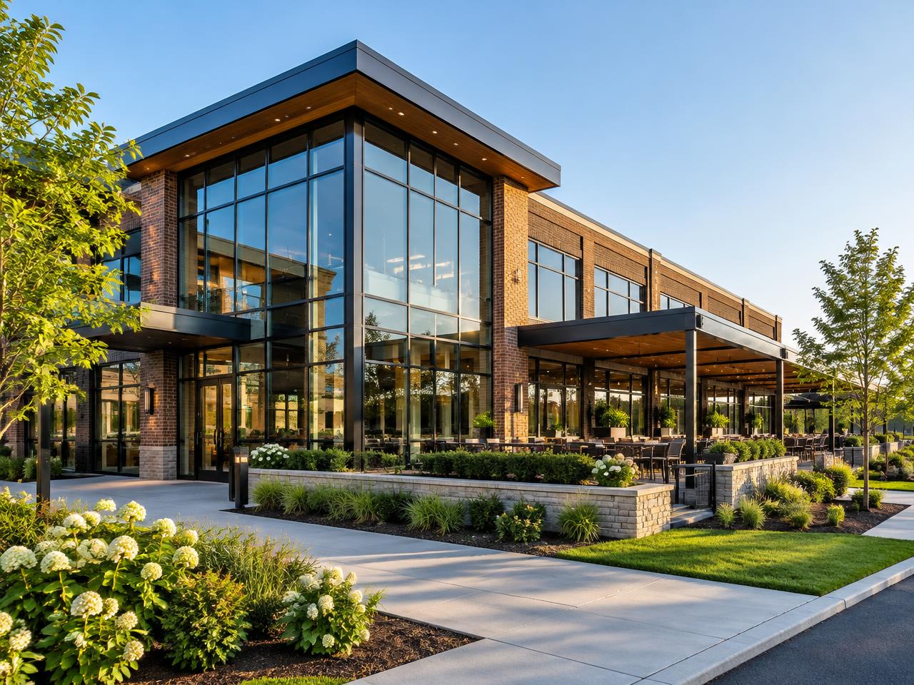 Modern brick and glass commercial building with landscaped walkway