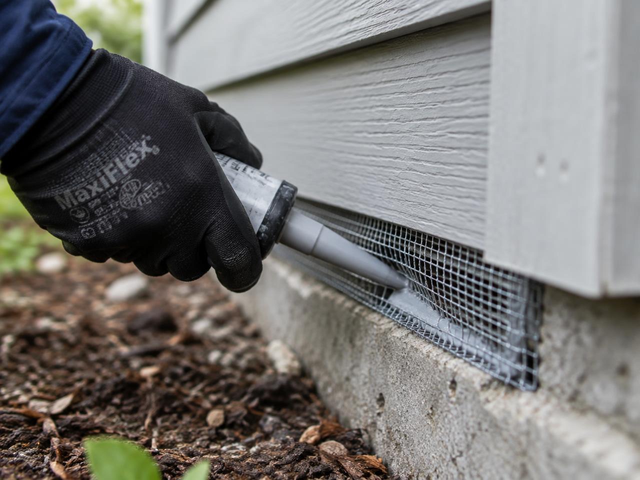Gloved hand sealing a gap at the base of siding with metal mesh for rodent exclusion