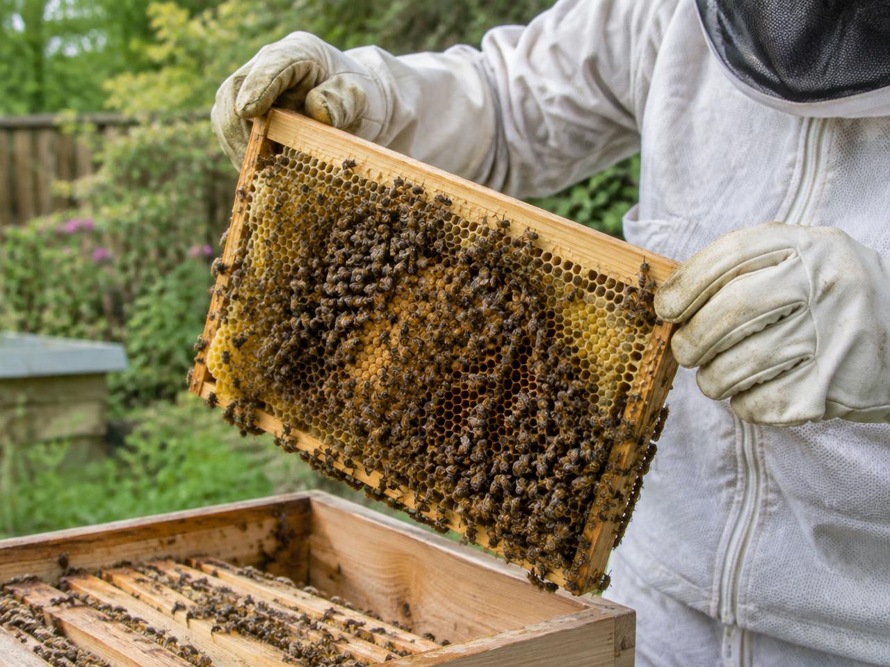 Gloved beekeeper holding a honeycomb frame covered with bees