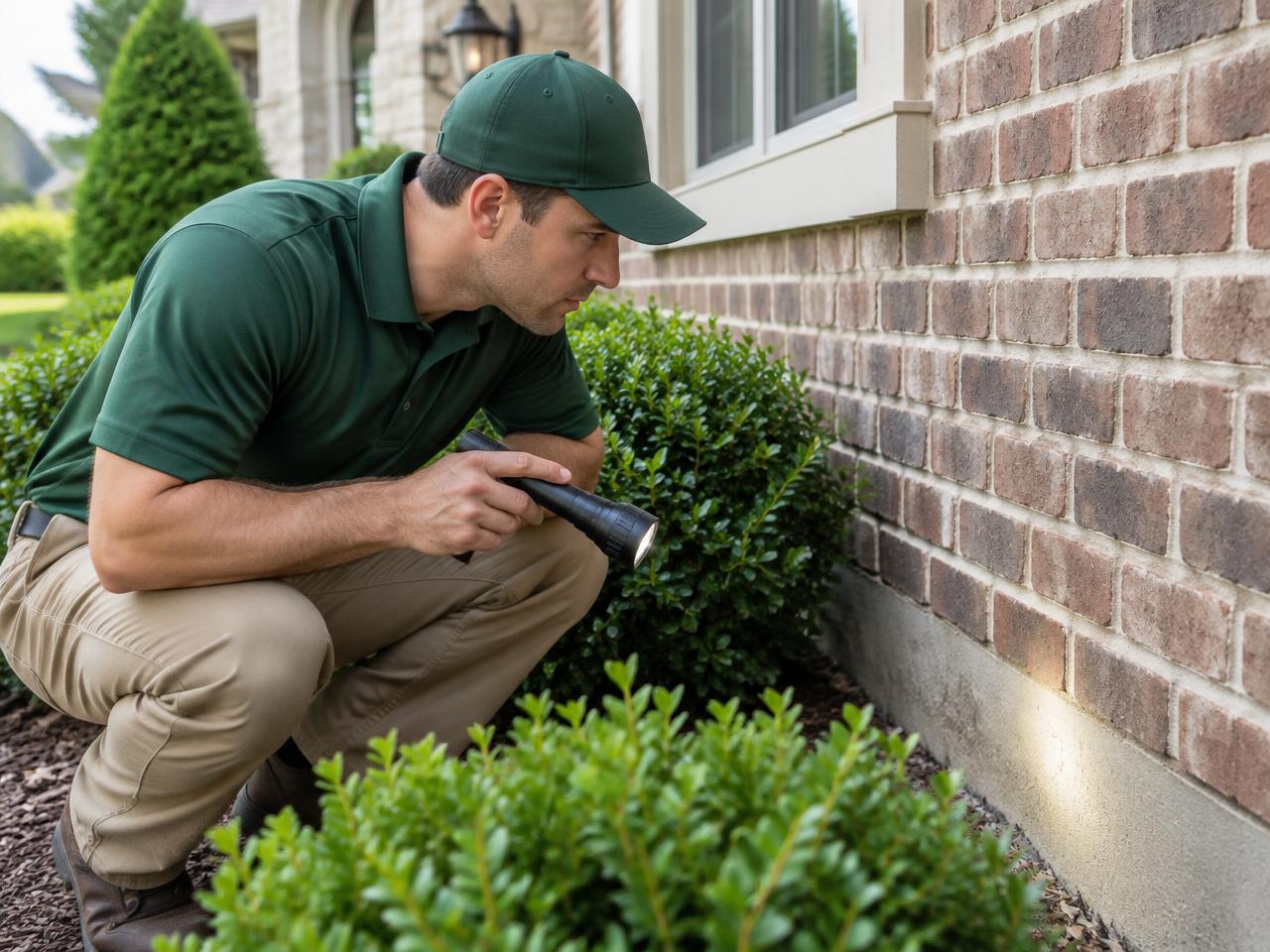 Busby technician carefully inspecting a home's foundation